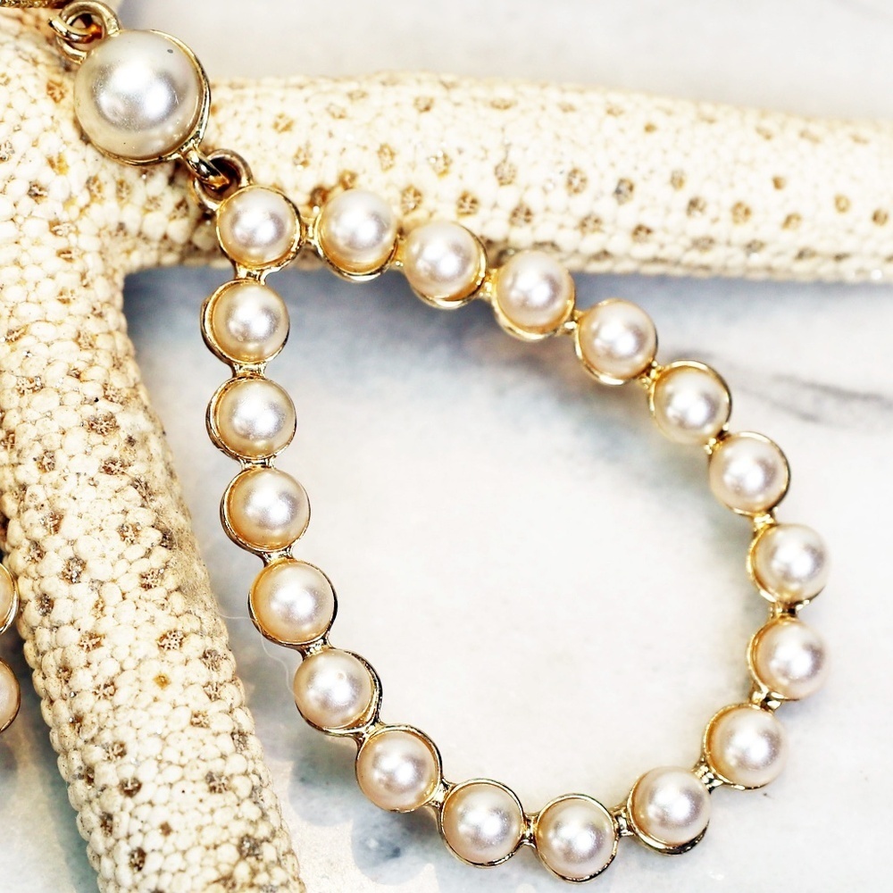 Pearl Earrings ~ Teardrop Loop Dangle Earrings w/ Crystal Encrusted French Wires - Picture 8 of 9